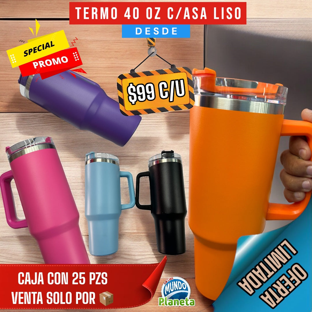 TERMO TIPO STANLEY LISO C/ASA 40OZ (VENTA DESDE 1 PZA A PRECIO DE CAJA)